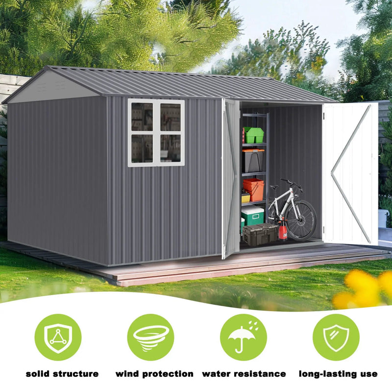 [08X10FT] Alora Outdoor Garden Tool Shed With Thickened Galvanized Steel, Sloped Roof, Vents And Double Lockable Doors (SAK66582) by SAKSBY WHOLESALE