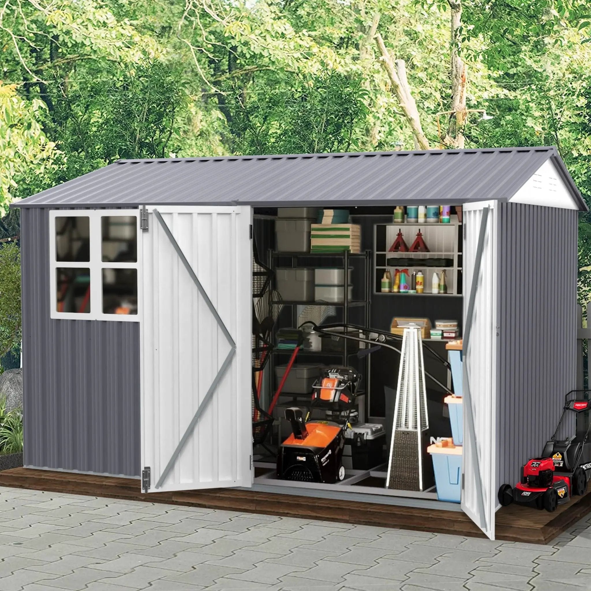 [08X10FT] Alora Outdoor Garden Tool Shed With Thickened Galvanized Steel, Sloped Roof, Vents And Double Lockable Doors (SAK66582) by SAKSBY WHOLESALE