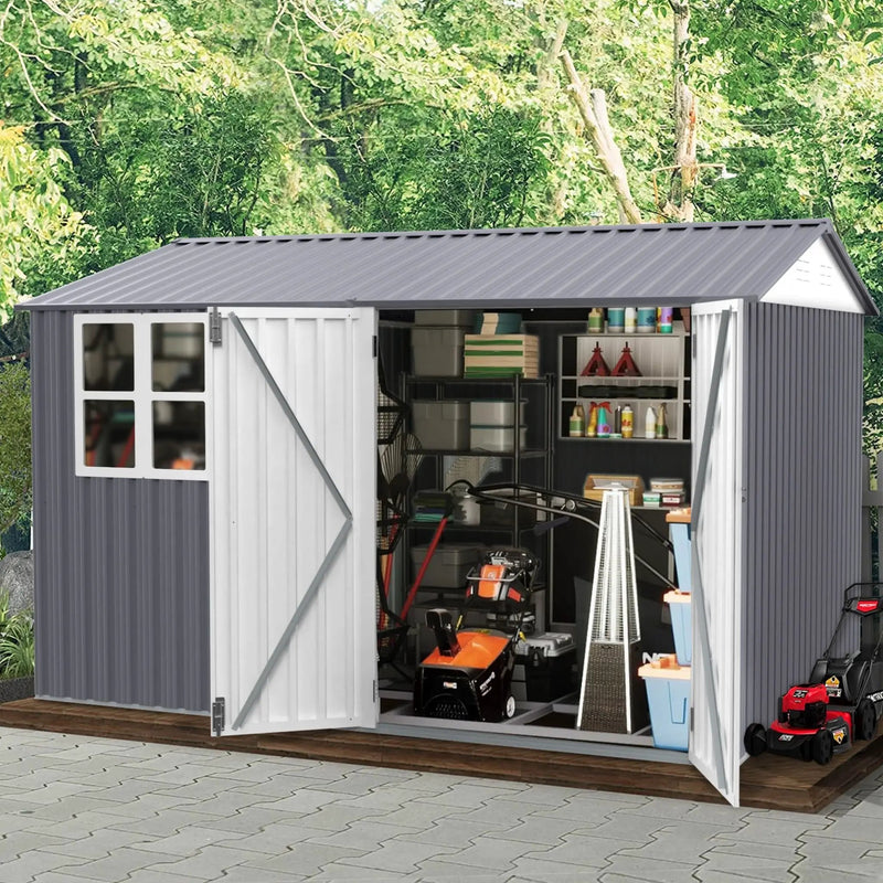 [08X10FT] Alora Outdoor Garden Tool Shed With Thickened Galvanized Steel, Sloped Roof, Vents And Double Lockable Doors (SAK66582) by SAKSBY WHOLESALE