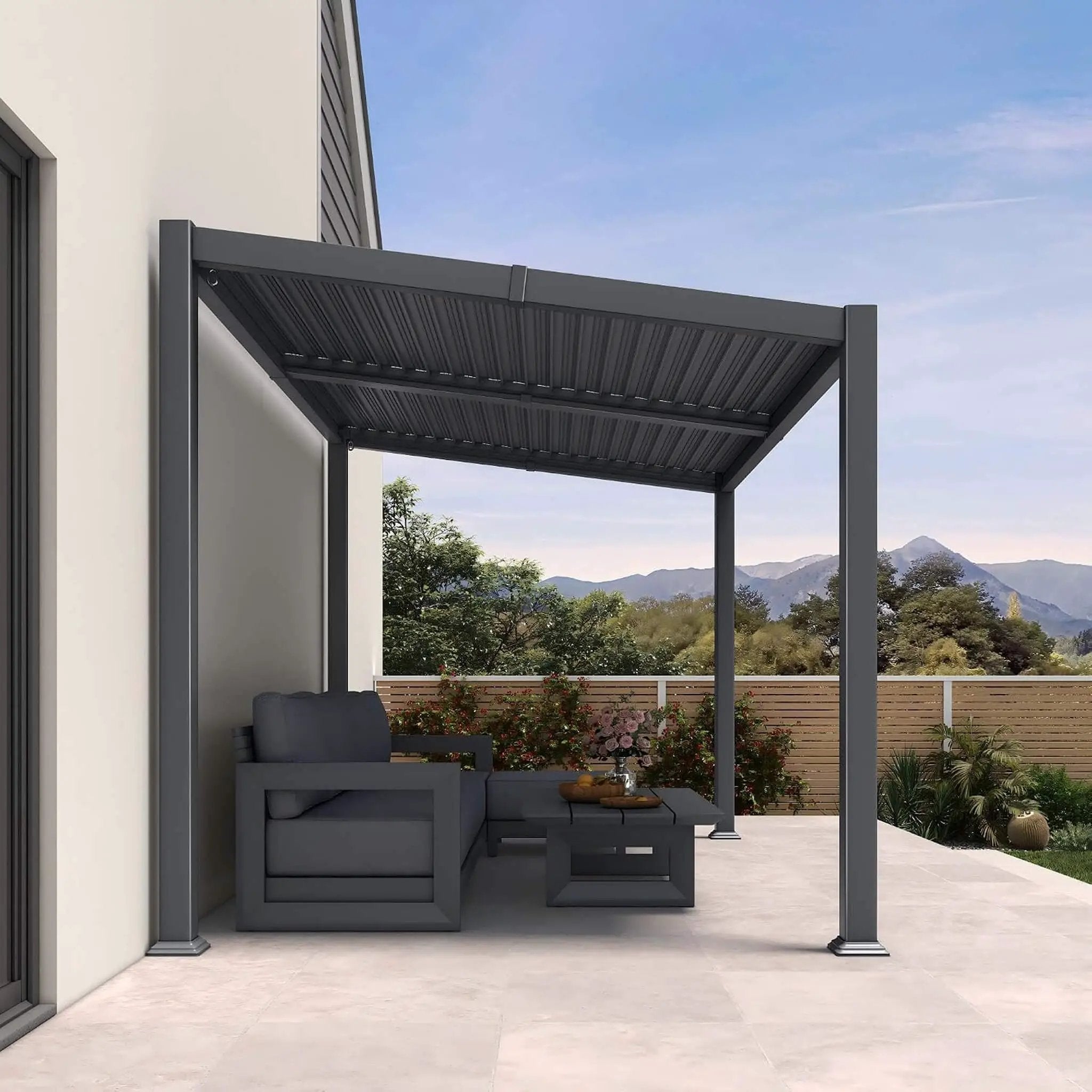 [08X12FT] Modern Louvered Aluminum Pergola With Sloped Roof (SAK37244) by SAKSBY WHOLESALE