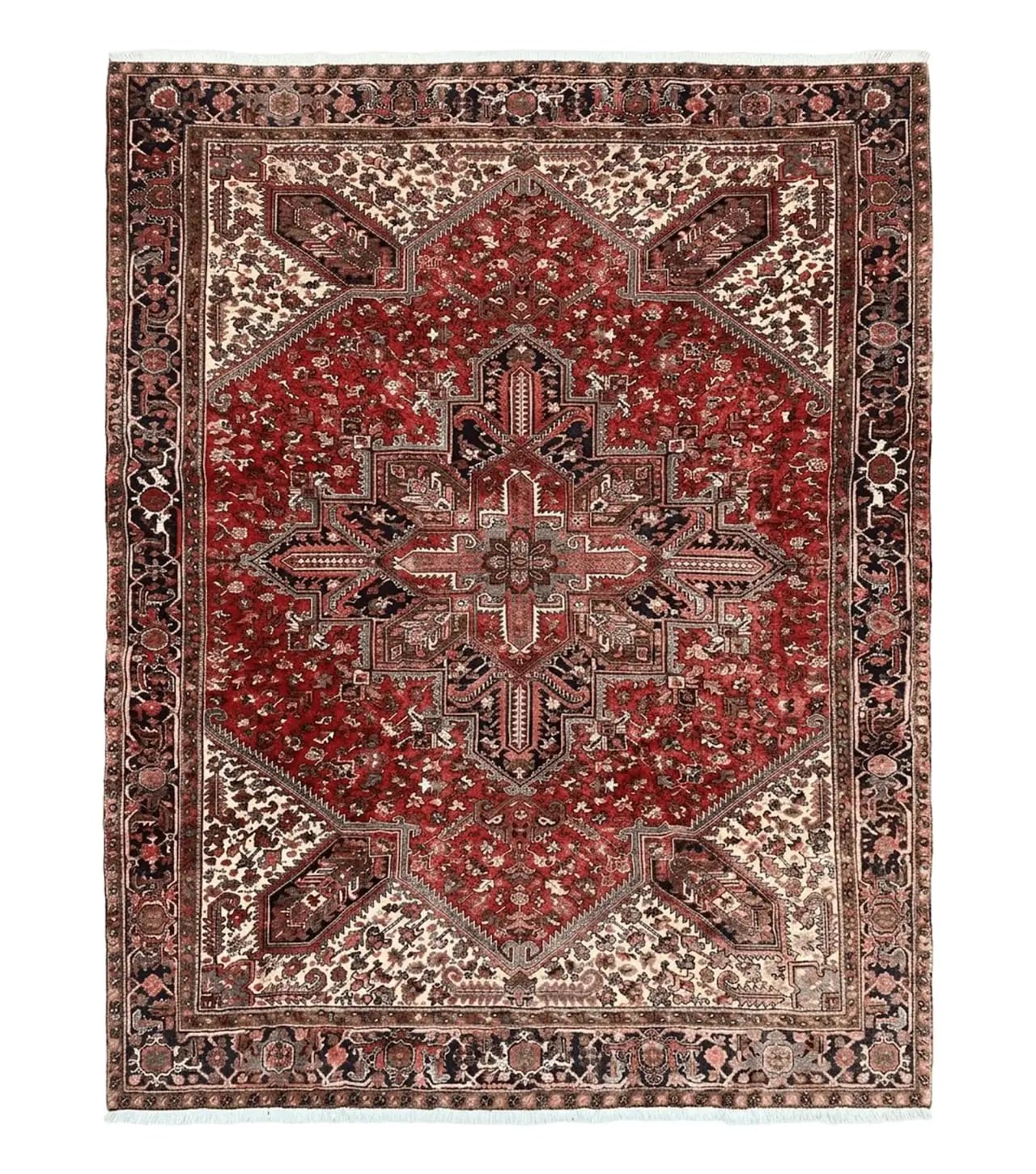 Large Persian Heriz Rug 10x13, Wool Hand Knotted Antique Carpet, Red and Ivory, Geometric Tribal Room Sized Rug, Decorative Oriental Rug by Jewel Rugs
