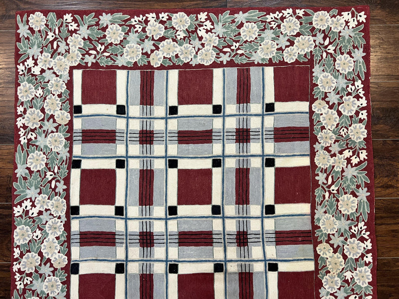 Indian Hand Stitched Rug 4x6, Vintage Carpet, Checkerboard Floral Pattern, Maroon Ivory, Flatweave, Wool by Jewel Rugs