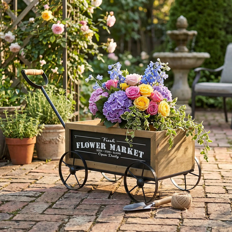 16.5x9.5x8" Rustic Wooden Wagon Planter with Flower Market Sign by HouseOfZazla