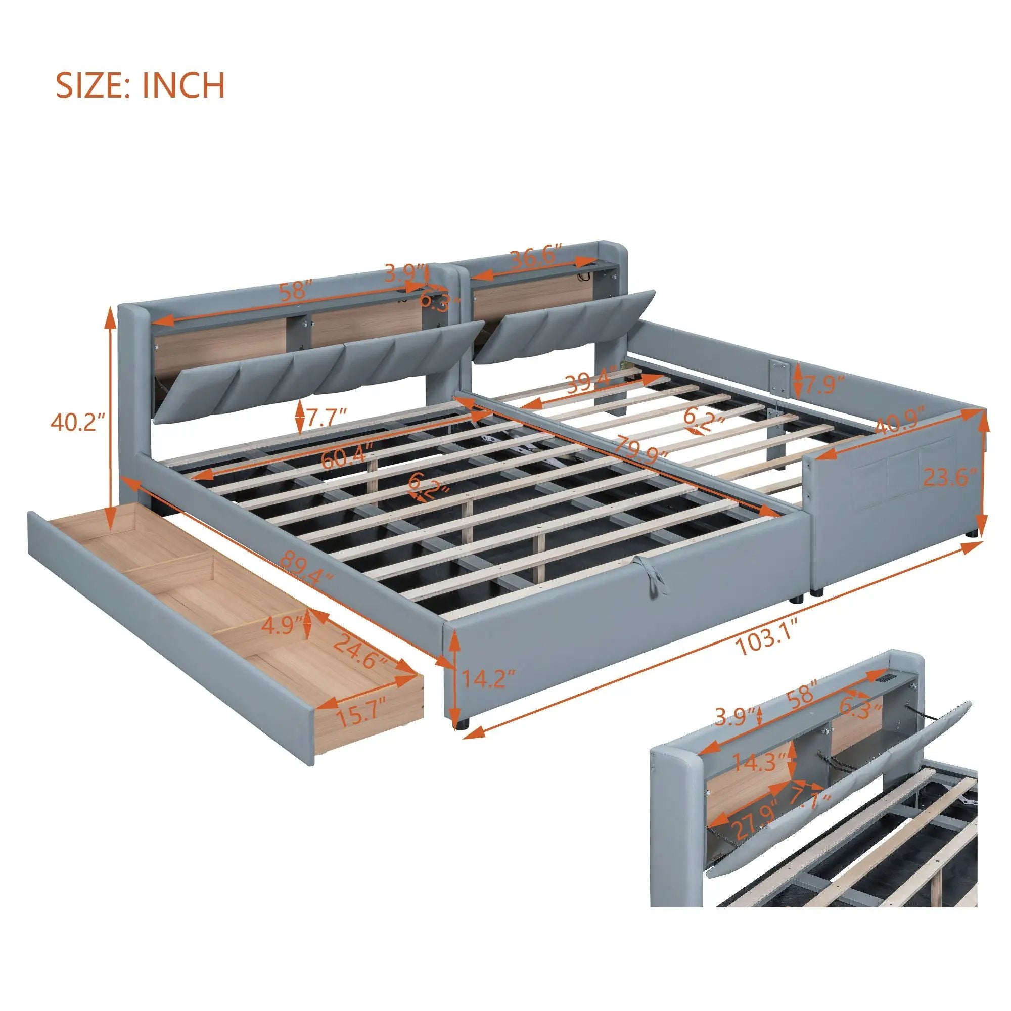 Upholstered Mother & Child Bed With Hydraulic Storage System, Drawer Box, Bedhead Storage Shelf And 2 Pairs Of Sockets & USB Ports by Unique Piece Furniture