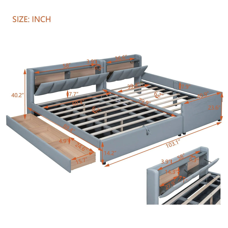 Upholstered Mother & Child Bed With Hydraulic Storage System, Drawer Box, Bedhead Storage Shelf And 2 Pairs Of Sockets & USB Ports by Unique Piece Furniture