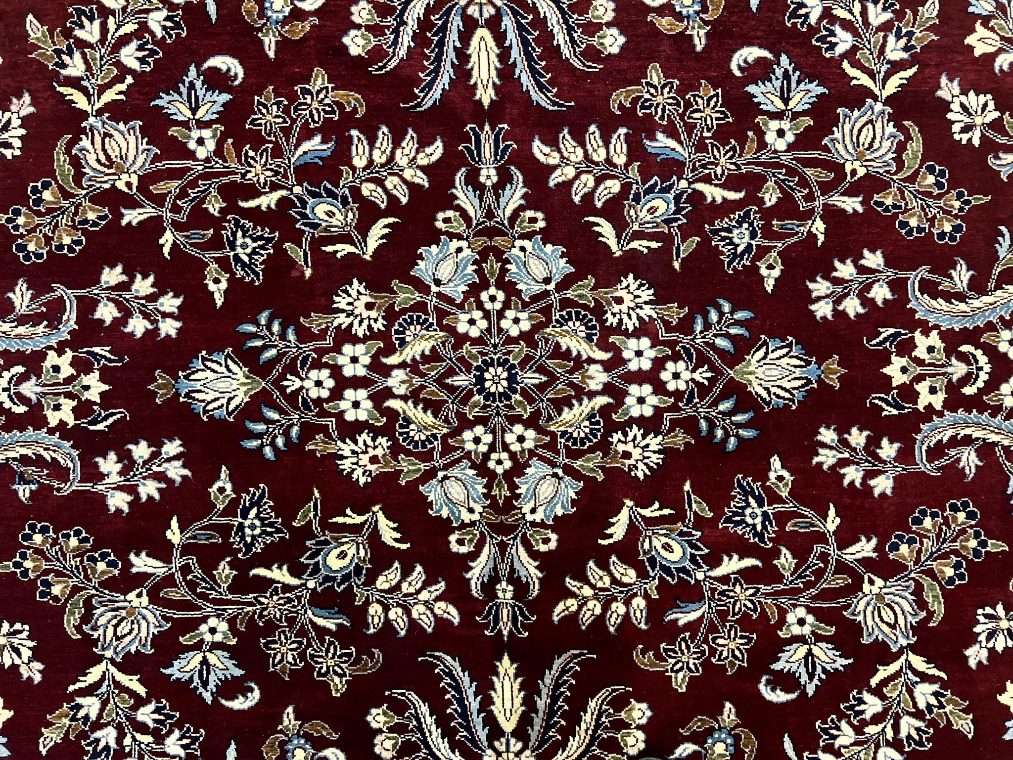 Indo Persian Sarouk Rug 9x12, Floral Allover, Dark Red & Navy Blue, Handmade Vintage Wool Carpet by Jewel Rugs