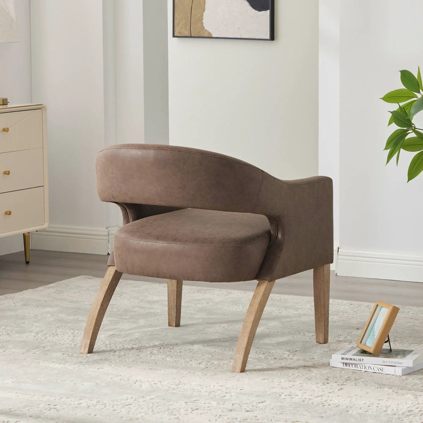 Upholstered Open Back Armchair With Weathered Rubberwood Legs by Unique Piece Furniture