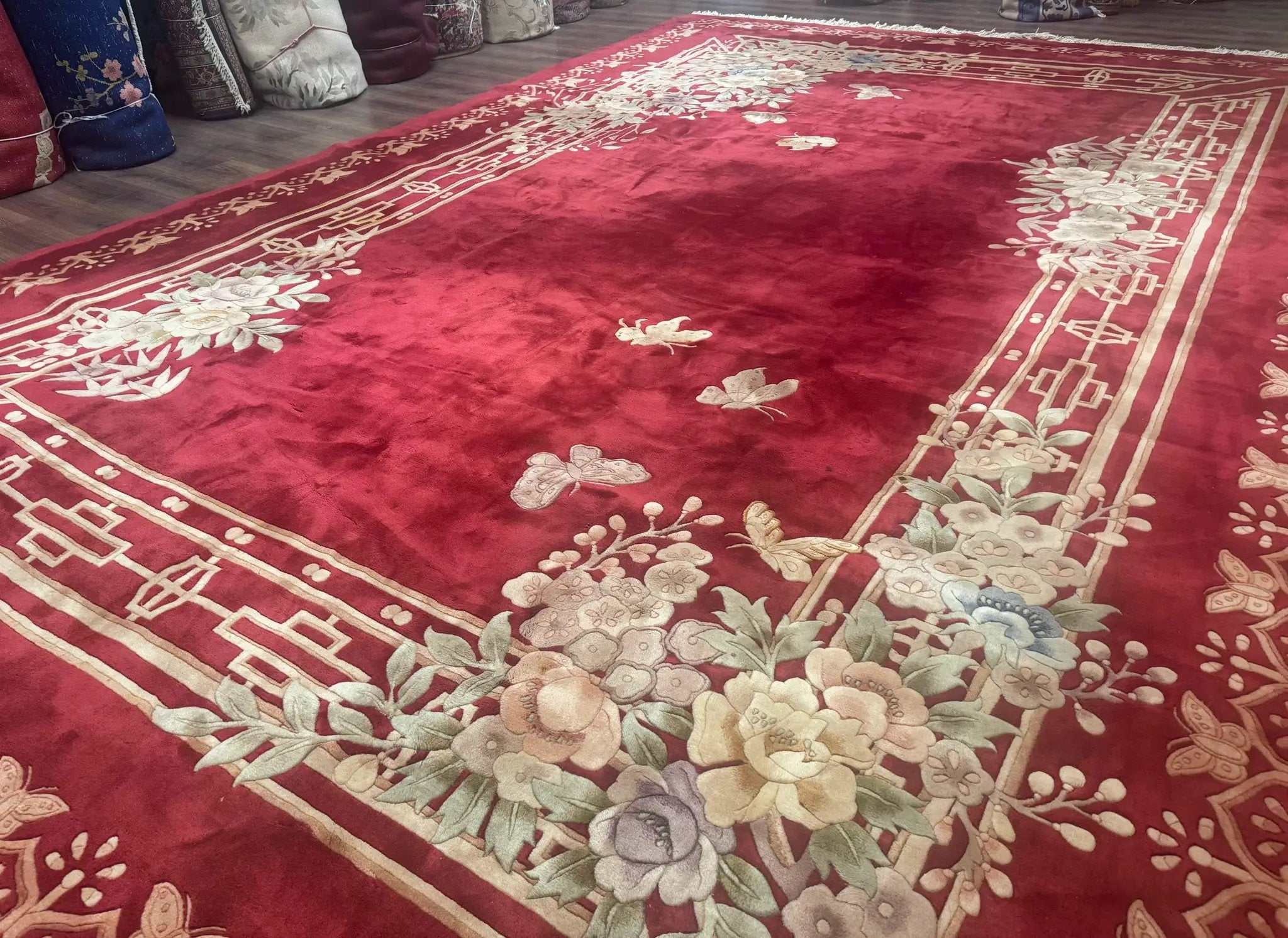 Palace Size Chinese Wool Rug 12x18, Red Art Deco Chinese Carving Carpet, Butterflies Flowers by Jewel Rugs