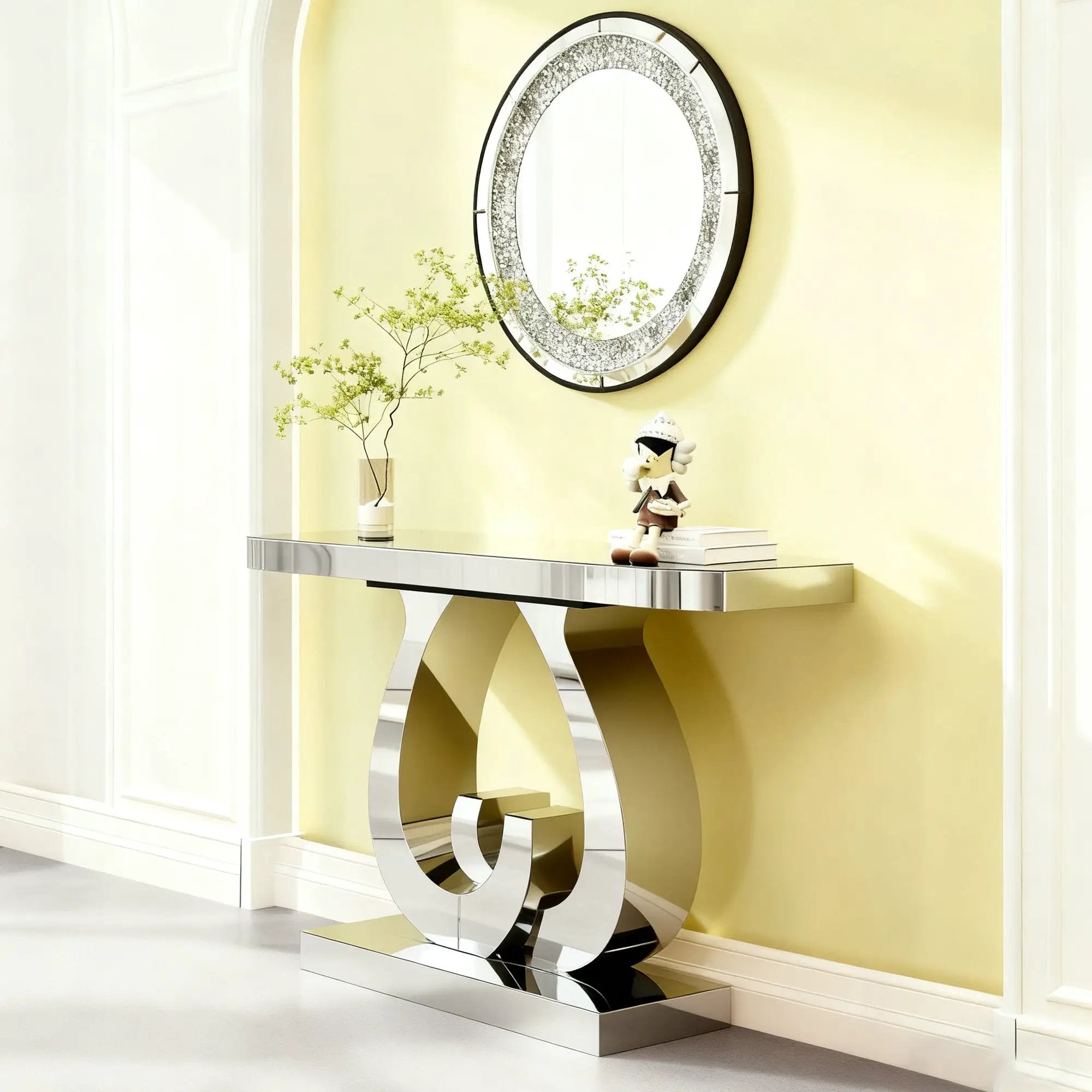 Modern Mirror Side Table with Double C-Shape Base by HouseOfZazla