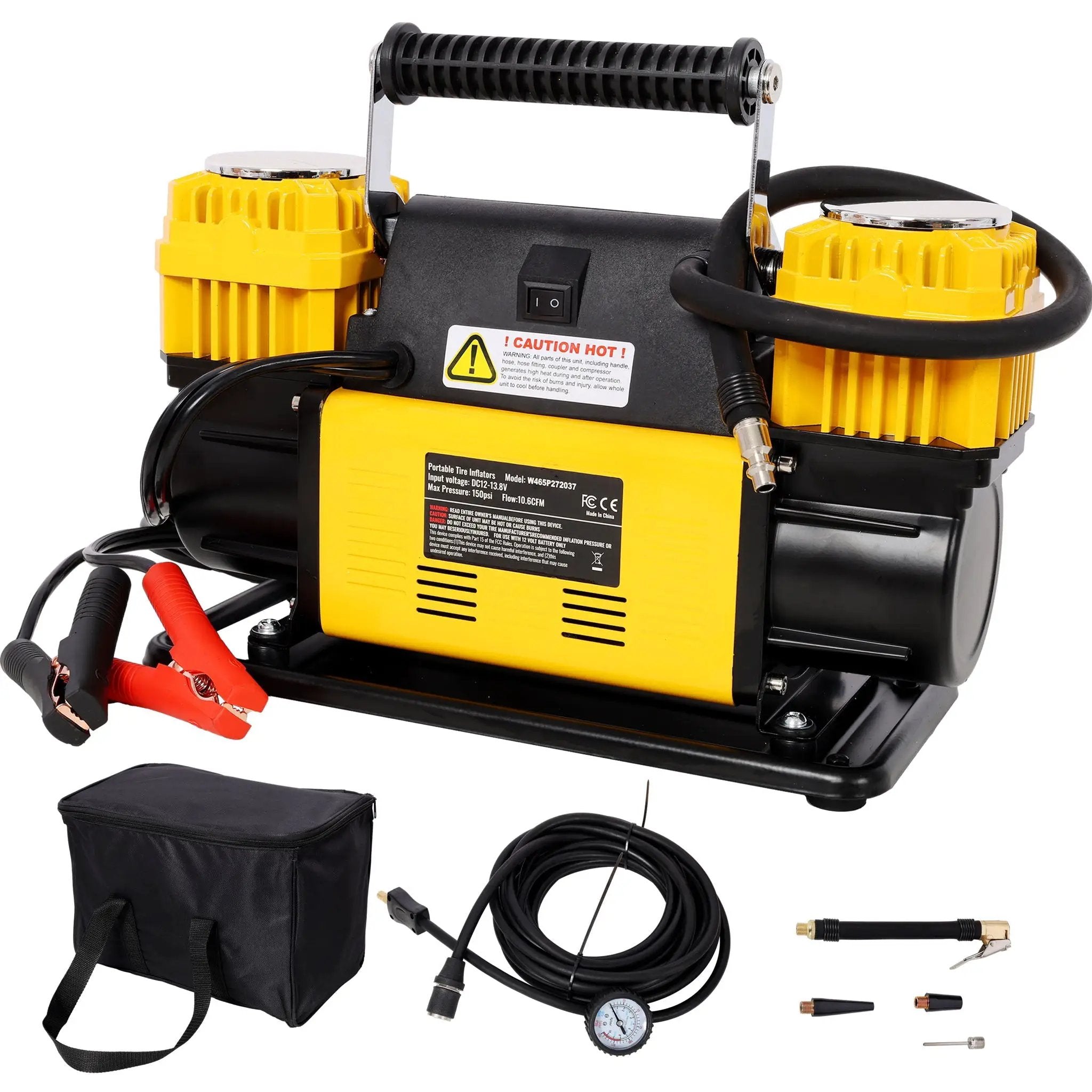 Heavy Duty 12V Dual Cylinder Air Compressor, Tire Inflator With Gauge - Yellow / Black by HouseOfZazla
