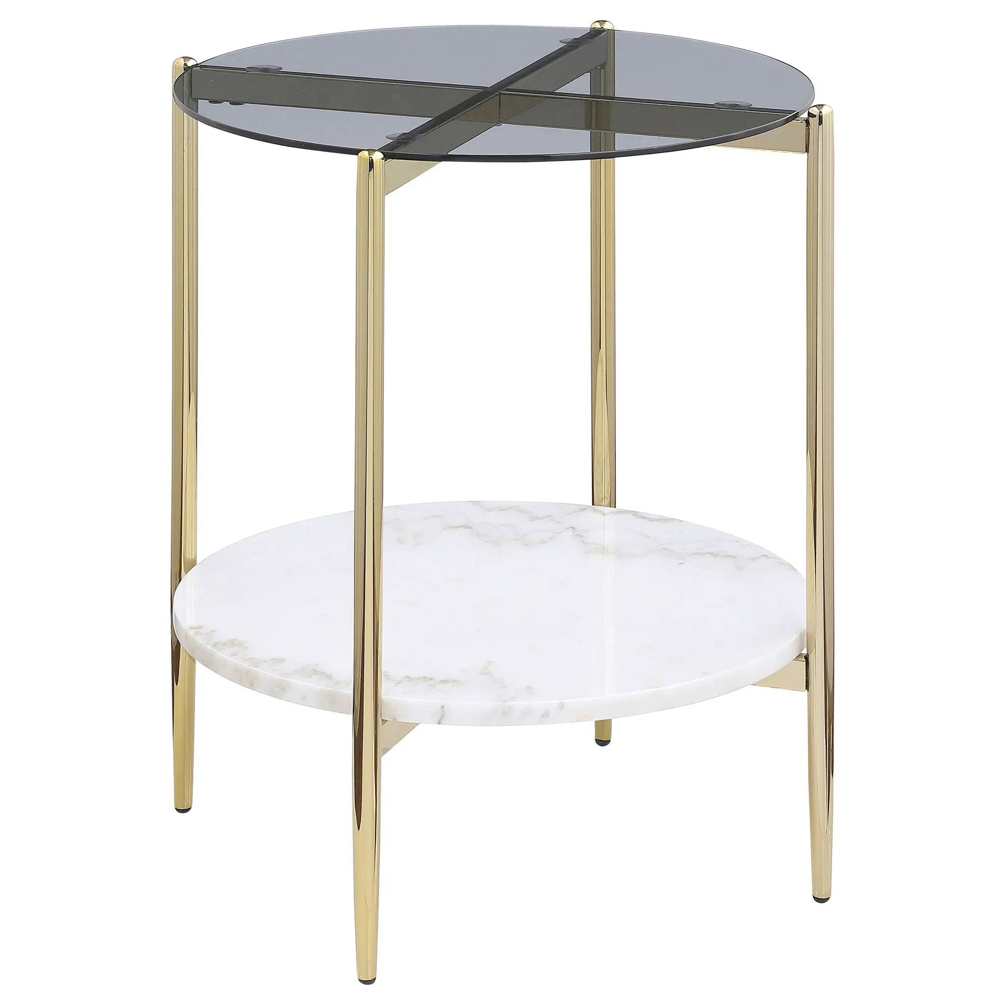 Jonelle Round Glass Top End Table White Marble Shelf Gold by Unique Piece Furniture