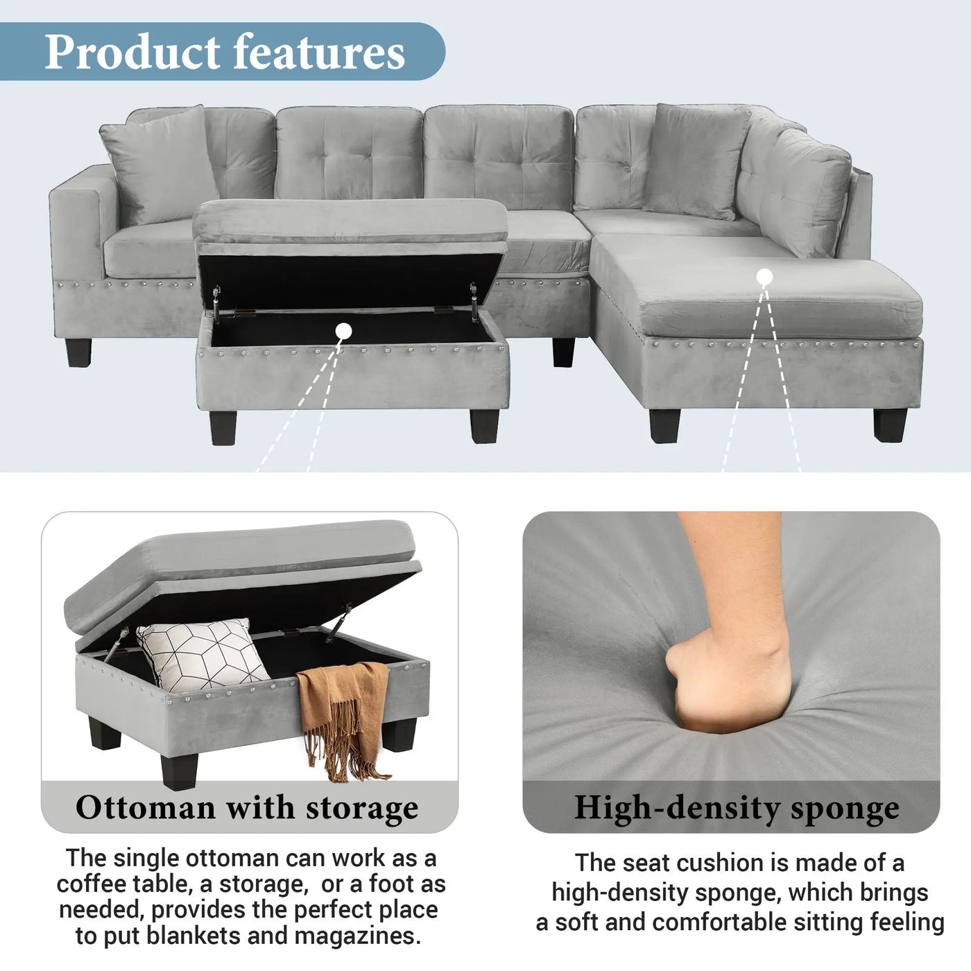 Modern Sectional Sofa With Storage Ottoman, L - Shape Couch With 2 Pillows And Cup Holders by Unique Piece Furniture