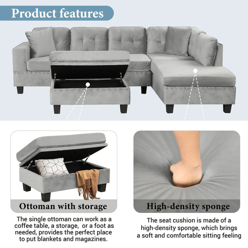 Modern Sectional Sofa With Storage Ottoman, L - Shape Couch With 2 Pillows And Cup Holders by HouseOfZazla
