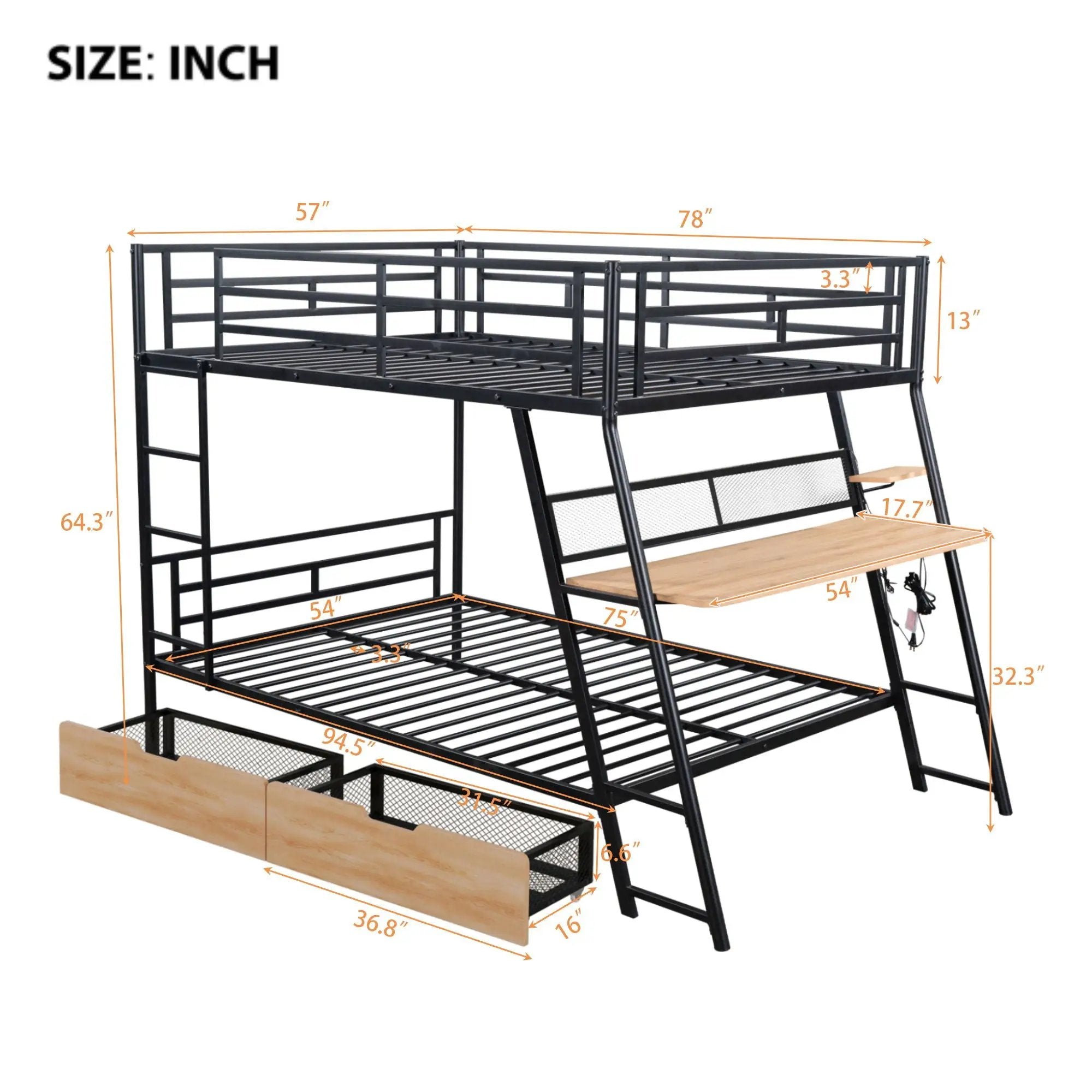 Full Size Bunk Bed With Built In Desk, Light, And 2 Drawers - Black by Unique Piece Furniture