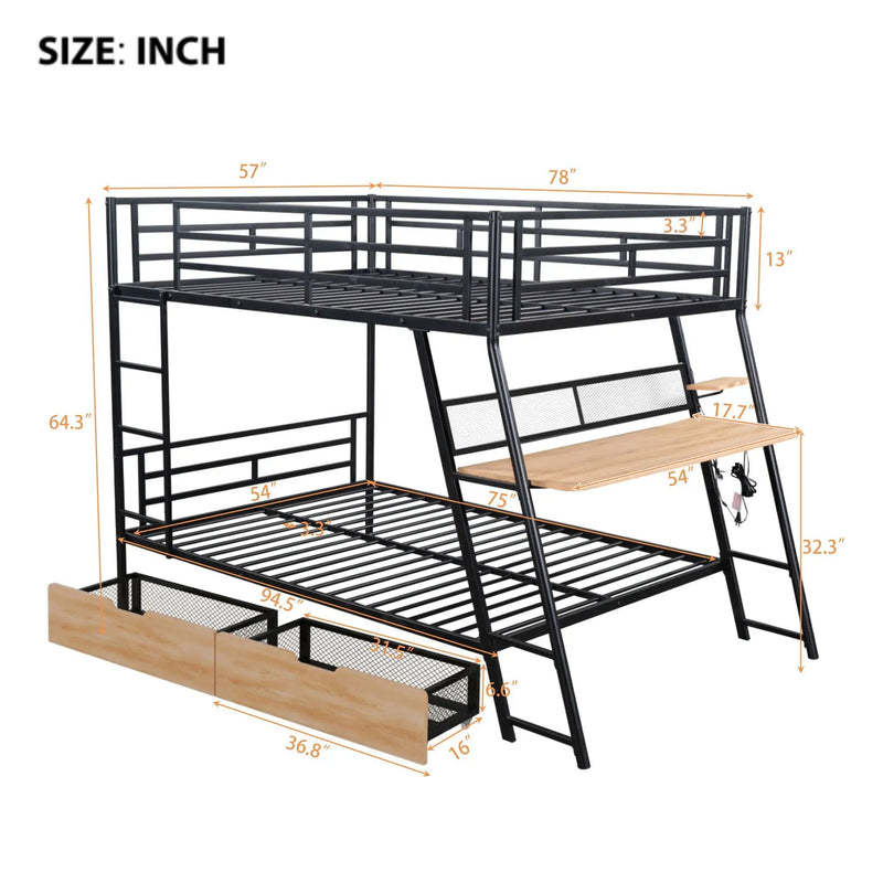 Full Size Bunk Bed With Built In Desk, Light, And 2 Drawers - Black by Unique Piece Furniture