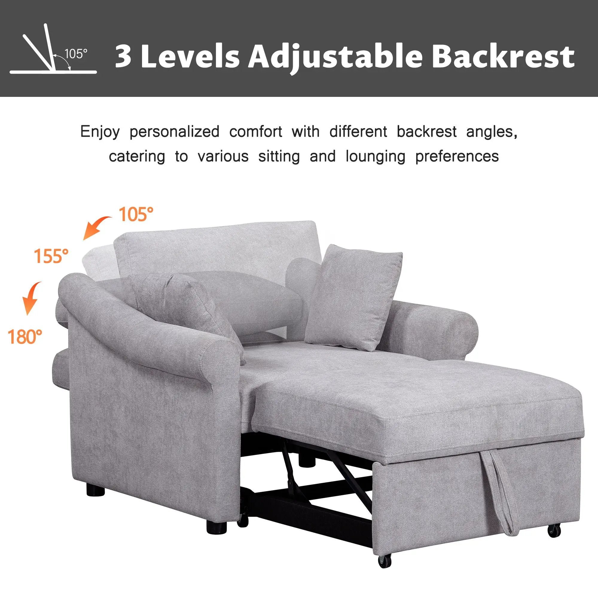 Convertible Sleeper Chair With Adjustable Backrest, 3 In 1 Lounger Chair Turns Into Bed, Single Bed For Living Room by Unique Piece Furniture