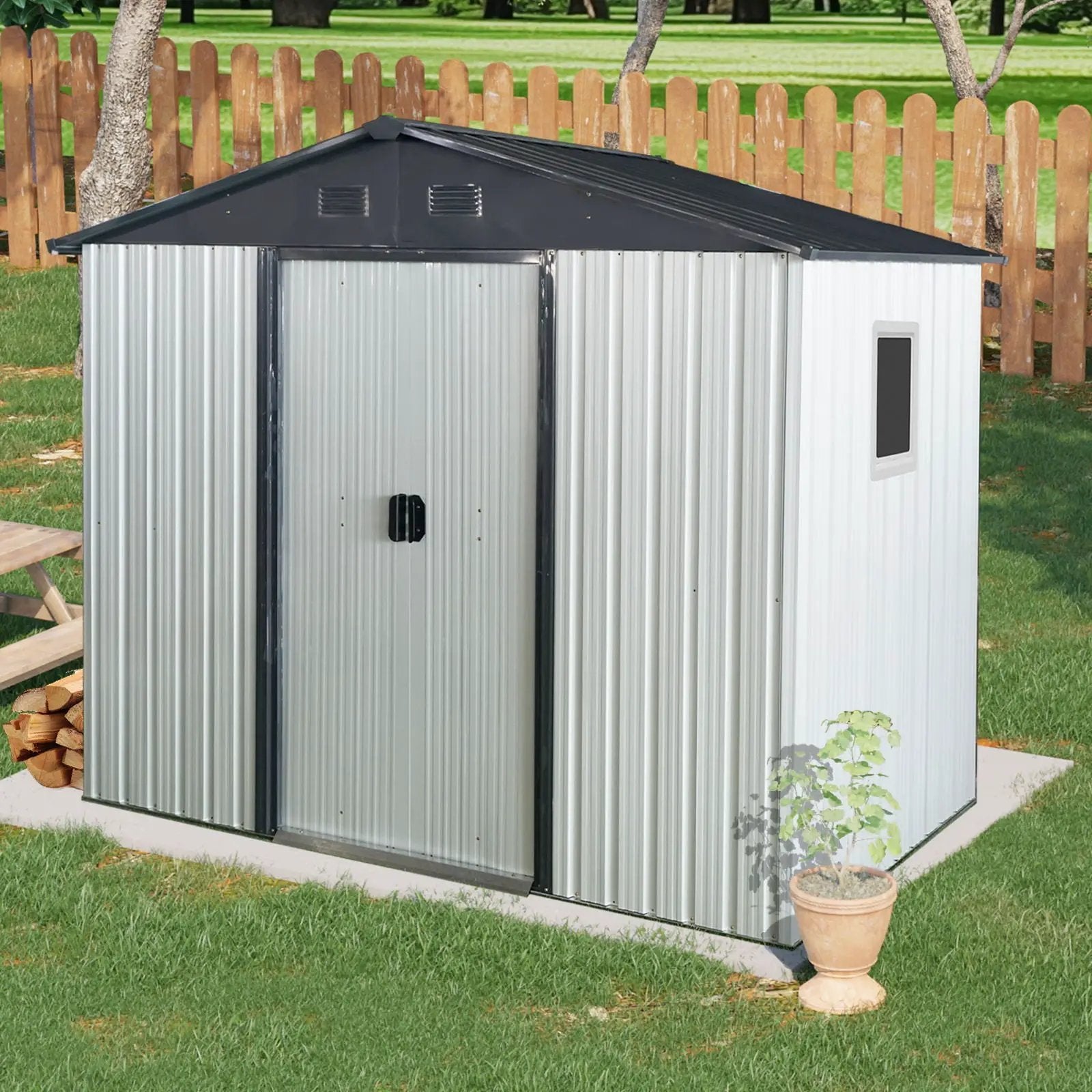 8Ft X 4Ft Outdoor Metal Storage Shed With Window And Metal Foundation For Backyard, Patio, Lawn by HouseOfZazla