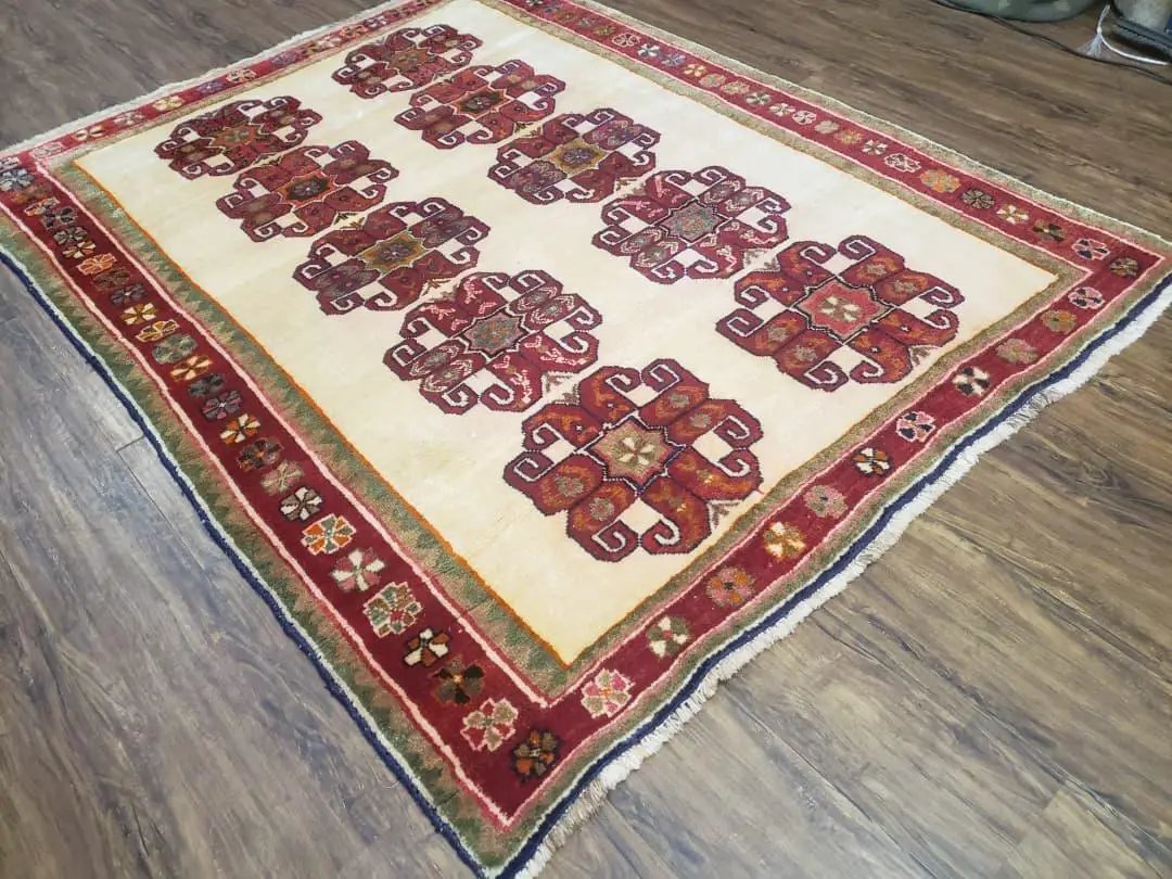 Vintage Persian Gabbeh Rug, Dark Red & Cream, Hand-Knotted, 5' x 6' 4" by Jewel Rugs
