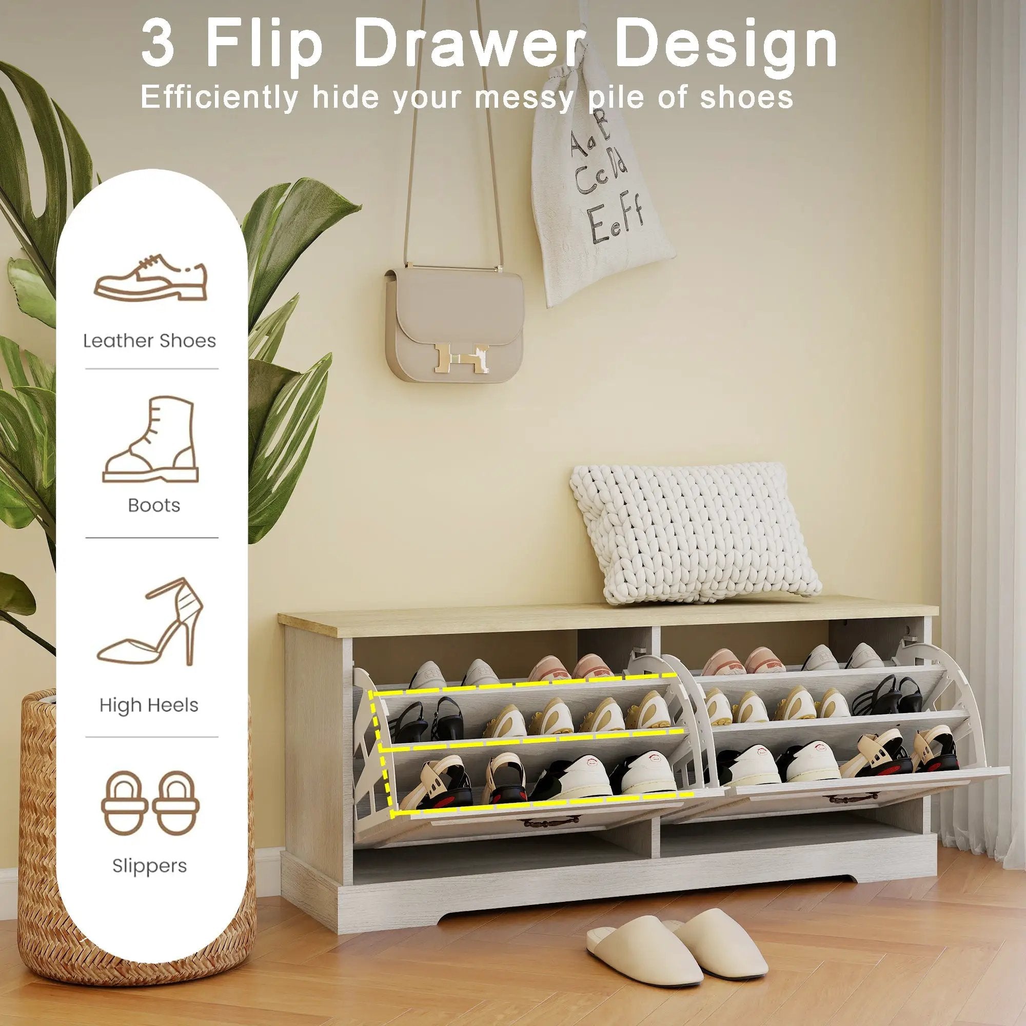 Shoe Storage Bench with 2 Flip Drawers and Adjustable Shelf - Antique by HouseOfZazla