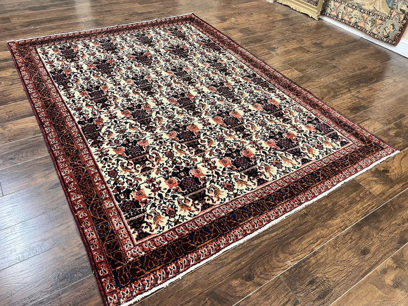 Persian Afshar Rug 6x8, Wool Hand Knotted Semi Antique Vintage Carpet, Floral Allover, Repeated Birds Flowers Vases Motifs by Jewel Rugs