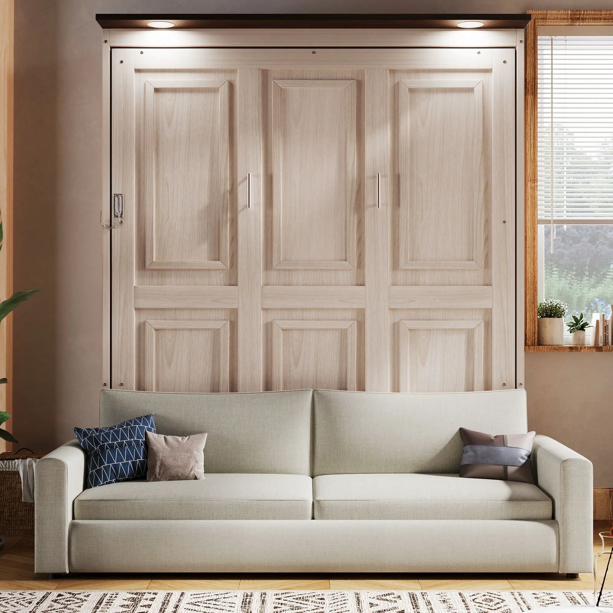 Queen Size Murphy Bed With Sofa And LED - Beige by Unique Piece Furniture