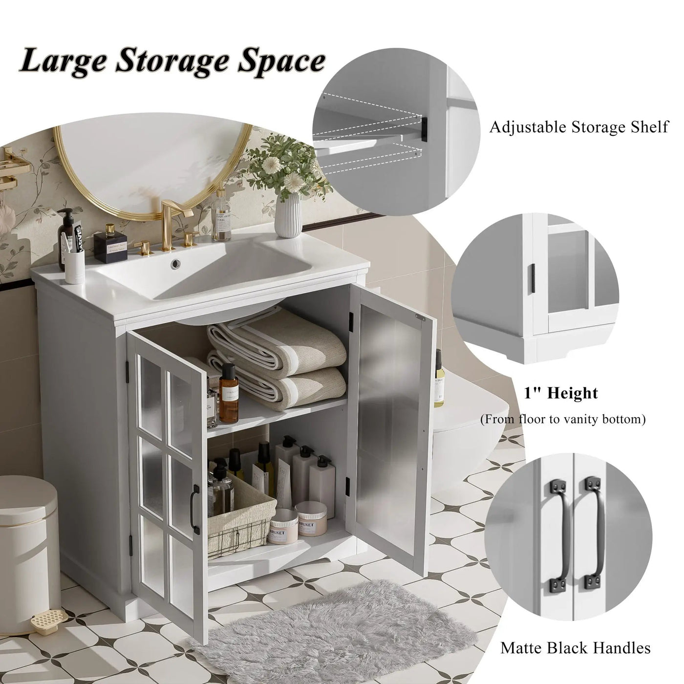 Modern Bathroom Vanity With Ceramic Sink, Tempered Blurred Glass Doors by HouseOfZazla