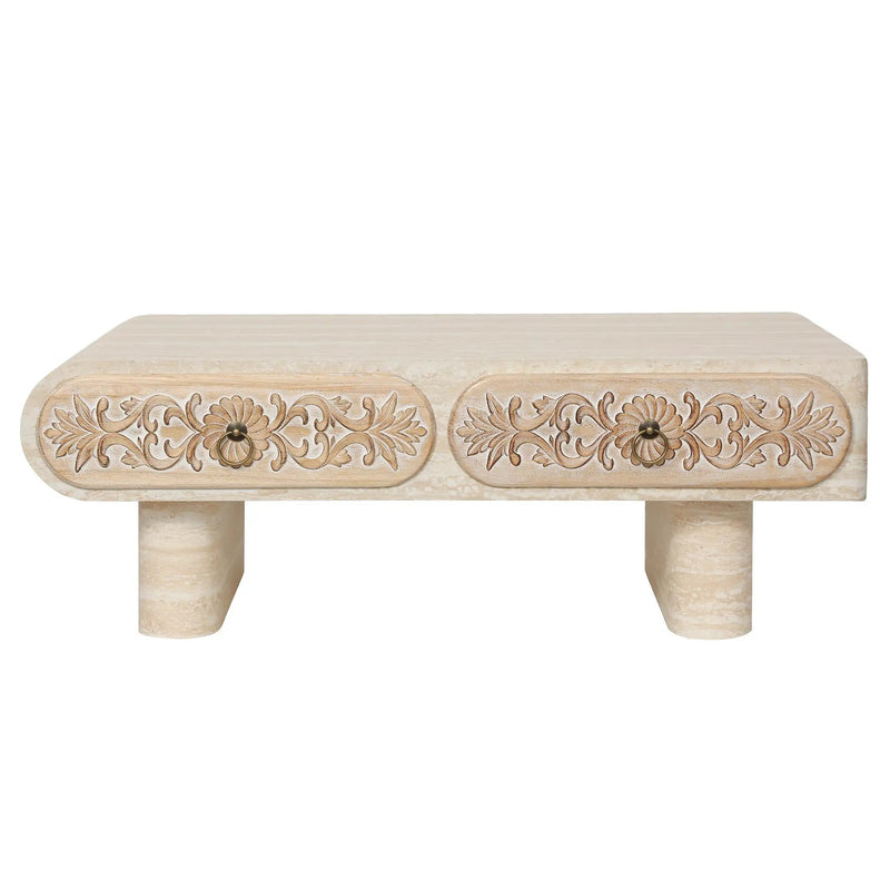 Rounded Edge Coffee Table with Flower Pattern Solid Wood Drawer by HouseOfZazla