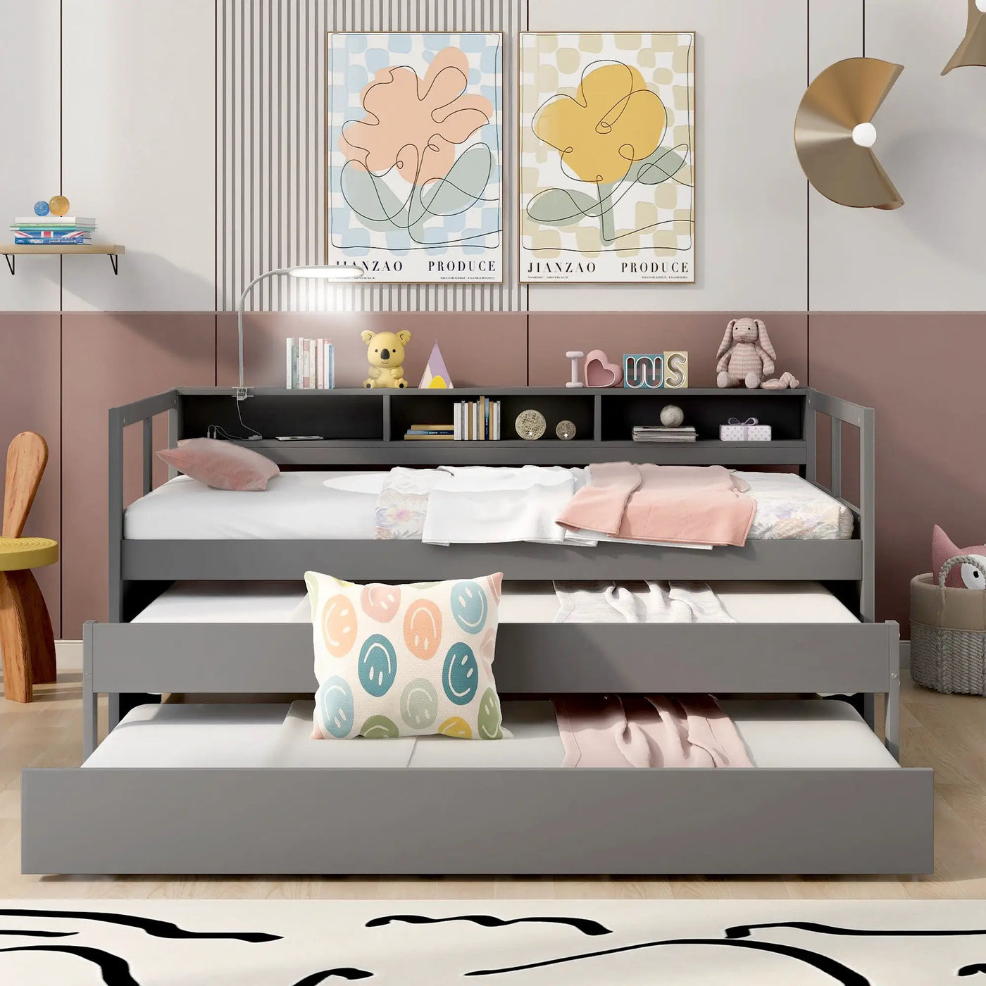 Daybed With 2 Trundles, 3 Storage Cubbies, Built In USB Charging Light by Unique Piece Furniture