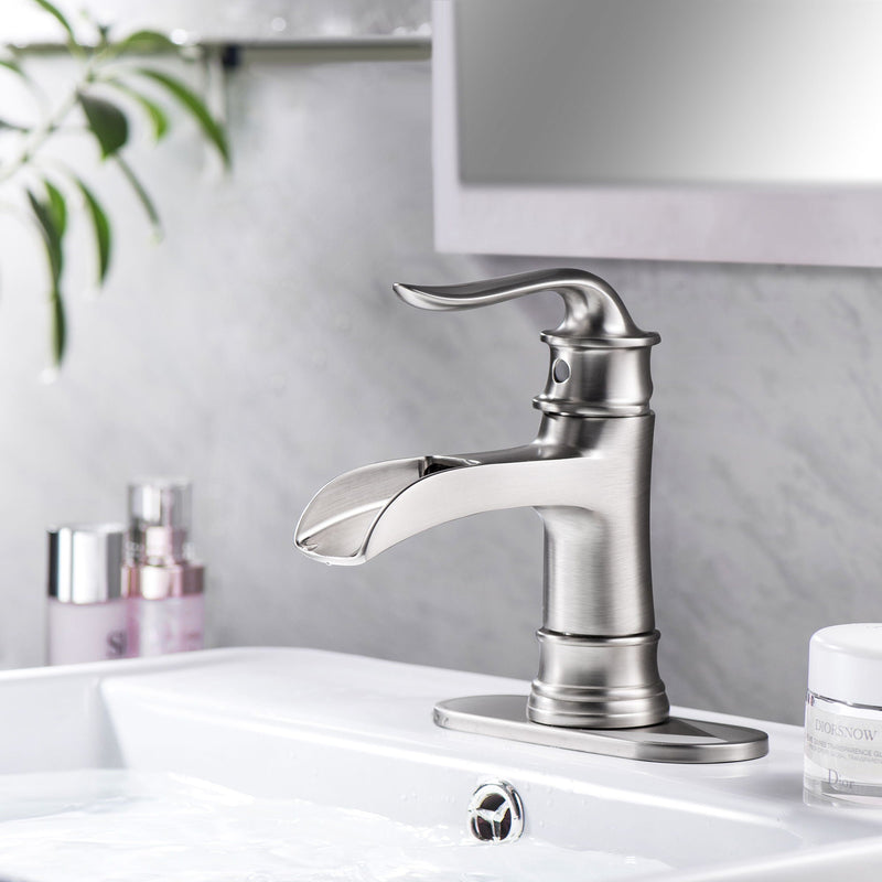 Waterfall Spout Bathroom Faucet With Single Handle And Pop Up Drain - Brushed Nickel by HouseOfZazla