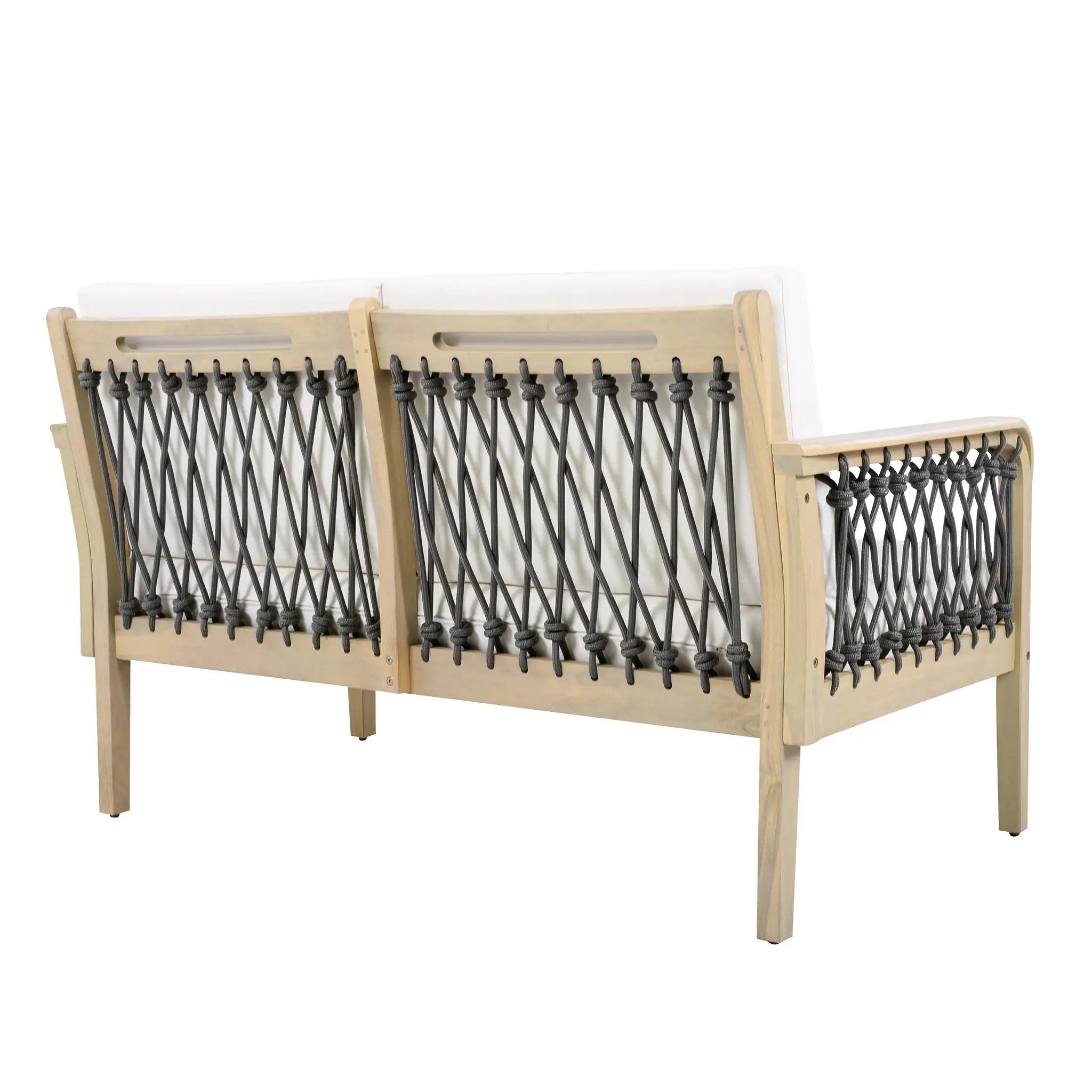 Outdoor Acacia Wood Loveseat & Coffee Table Set with Handwoven Rope, Light Teak by HouseOfZazla