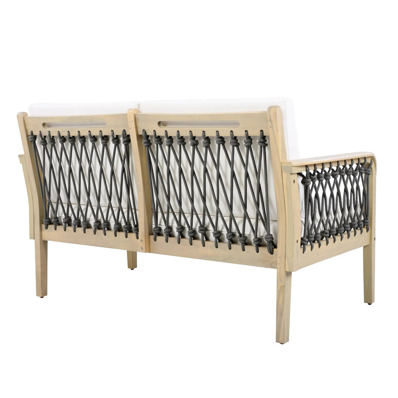 Outdoor Acacia Wood Loveseat & Coffee Table Set with Handwoven Rope, Light Teak by HouseOfZazla