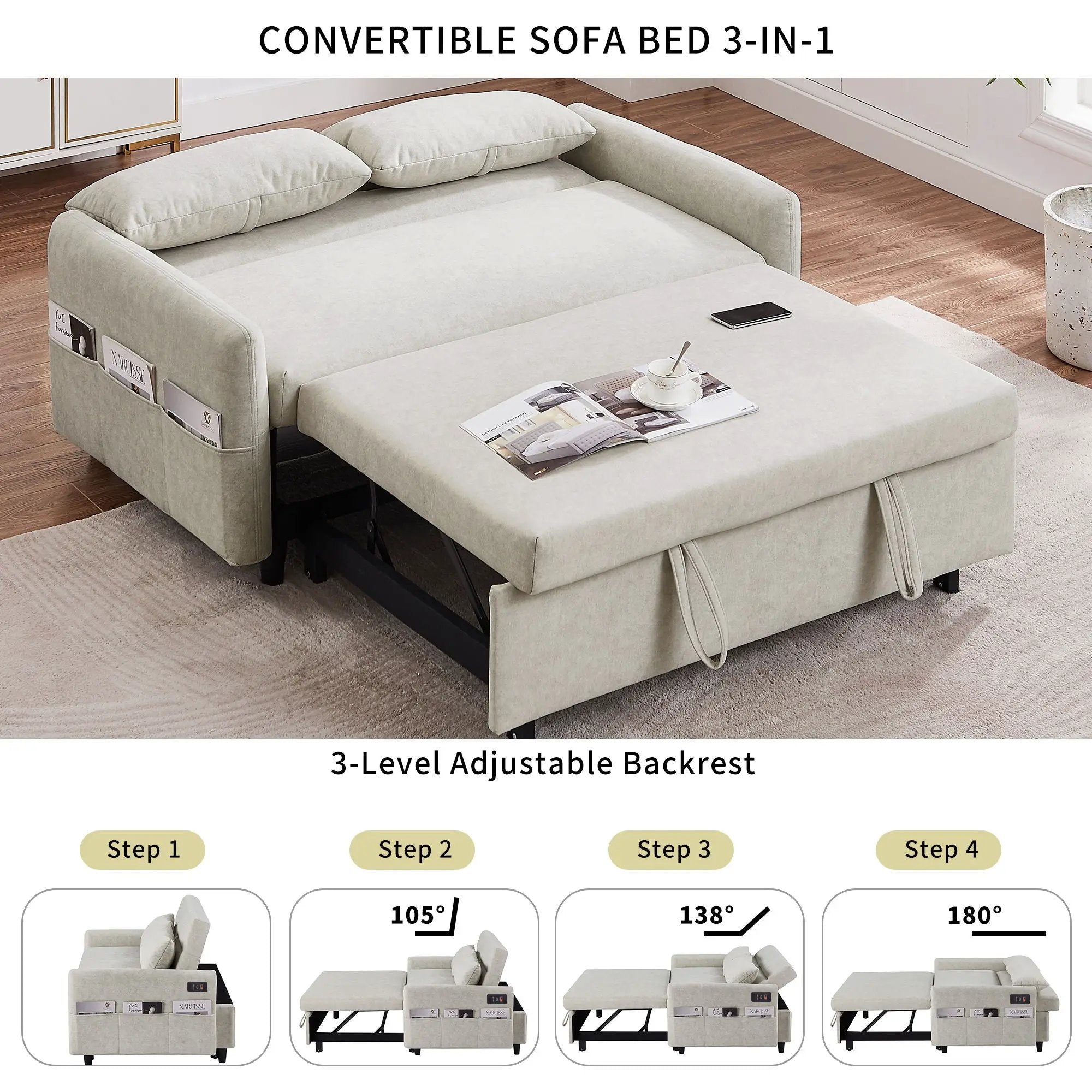 Pull Out Sleep Sofa Bed Loveseats Sofa Couch With Adjsutable Backrest, Storage Pockets, 2 Soft Pillows, USB Ports For Living Room, Bedroom, Apartment, Office by HouseOfZazla
