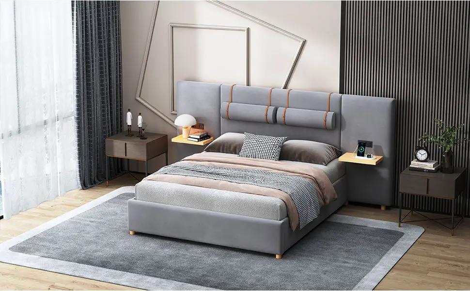 Upholstered Platform Bed, 2 Outlets And USB Charging Ports On Both Sides, 2 Bedside Pillows, Storage Shelves by HouseOfZazla