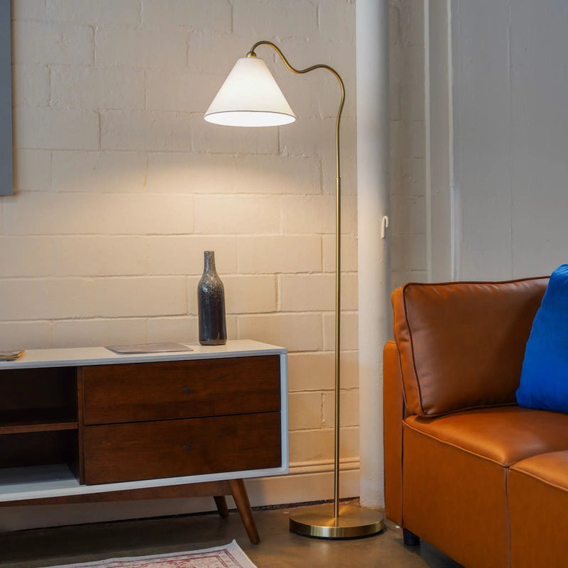 Majestic - Ring Base Curved Floor Lamp With Triangle Drum Shade - Gold / White by Unique Piece Furniture