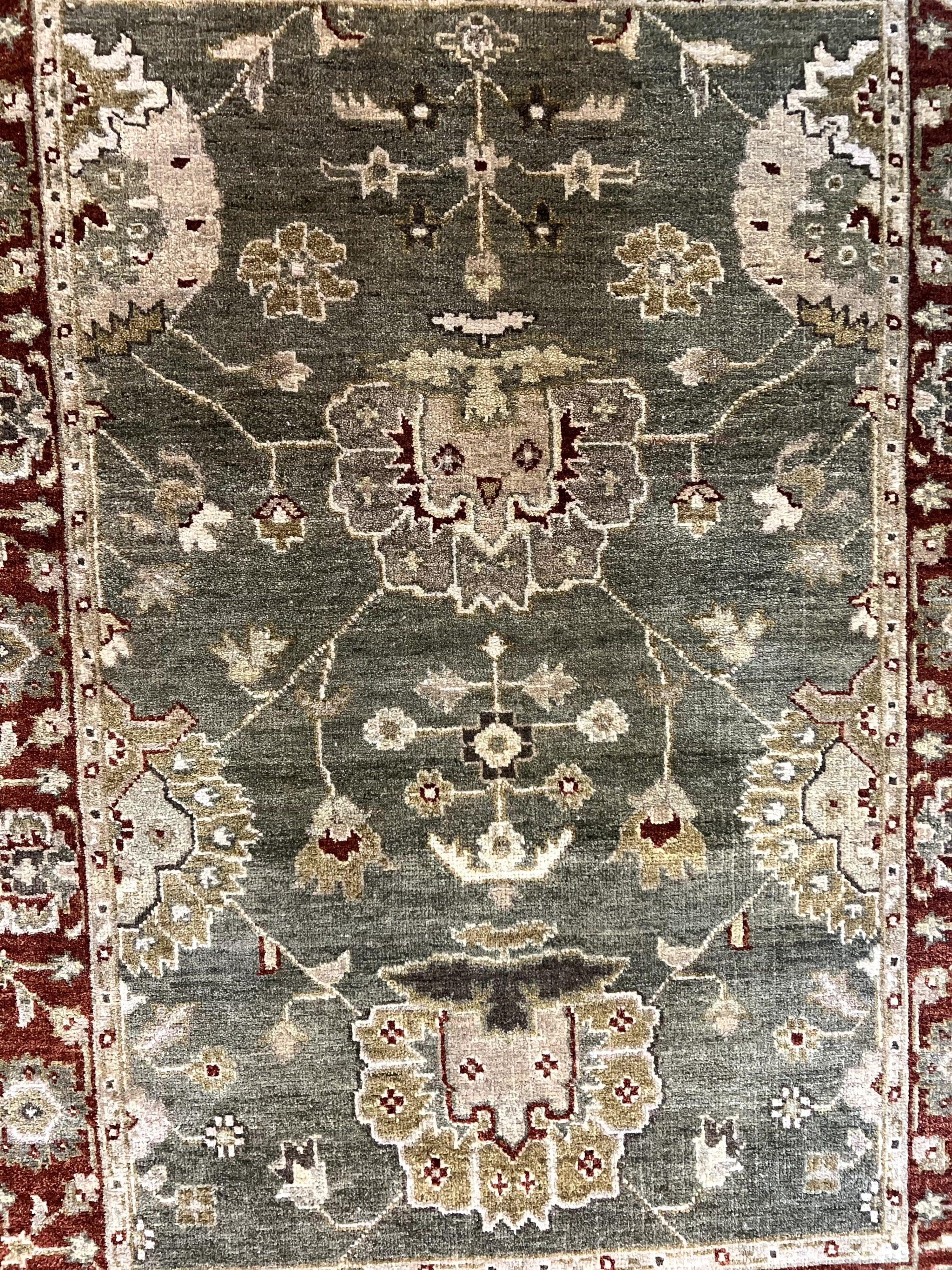Indo Oushak Rug 4x6, Green and Maroon, Vintage Wool Floral Rug, Indian Agra Rug by Jewel Rugs