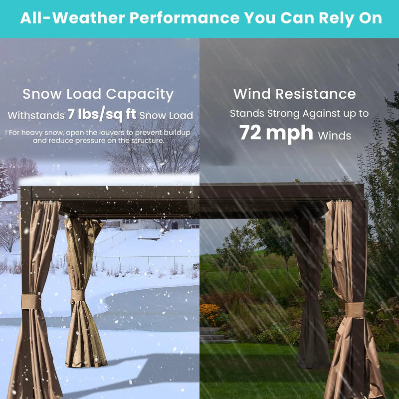 10x10 FT Outdoor Louvered Pergola with Adjustable Louvers - Brown by HouseOfZazla