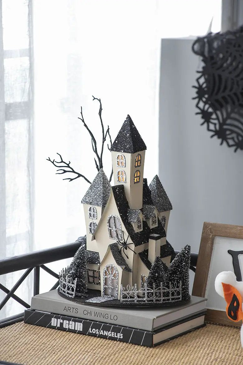Cardboard Lighted Haunted House, Tabletop Holiday Halloween Decor, Battery Powered - Beige / Black by Unique Piece Furniture