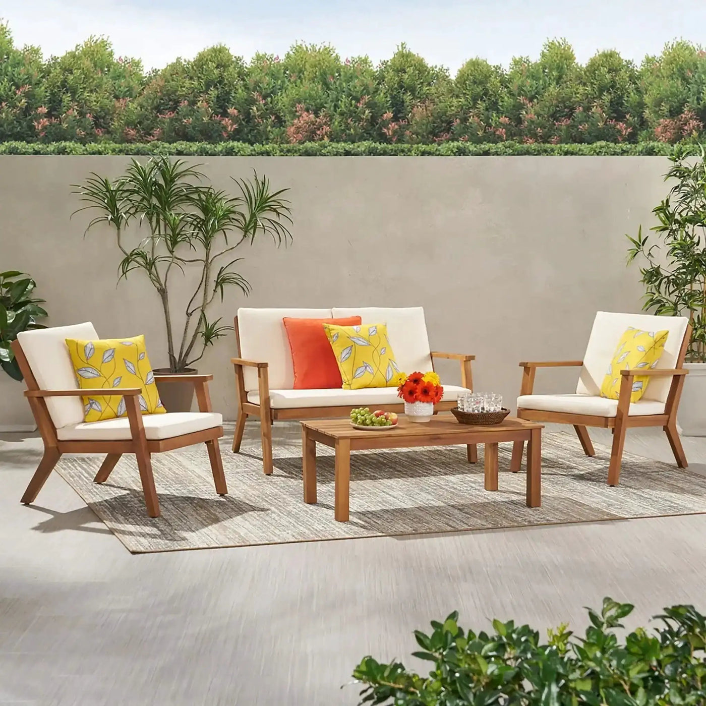Avacyn Outdoor Acacia Wood 4-Seater Chat Set with Cushions by HouseOfZazla