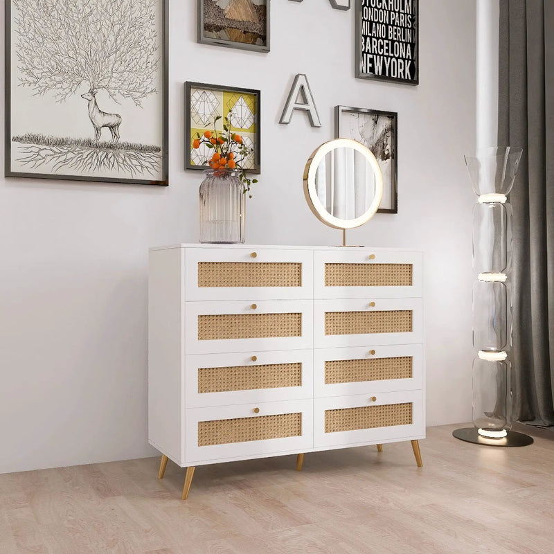 8 Drawers Chest Of Drawers With Rattan Drawer Face Golden Legs And Handles - White by Unique Piece Furniture