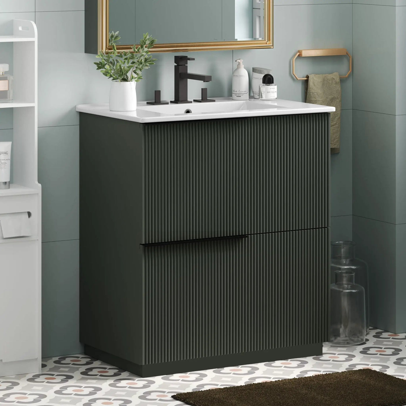 Fluted Bathroom Vanity With Ceramic Sink and Soft-Close Slides by HouseOfZazla