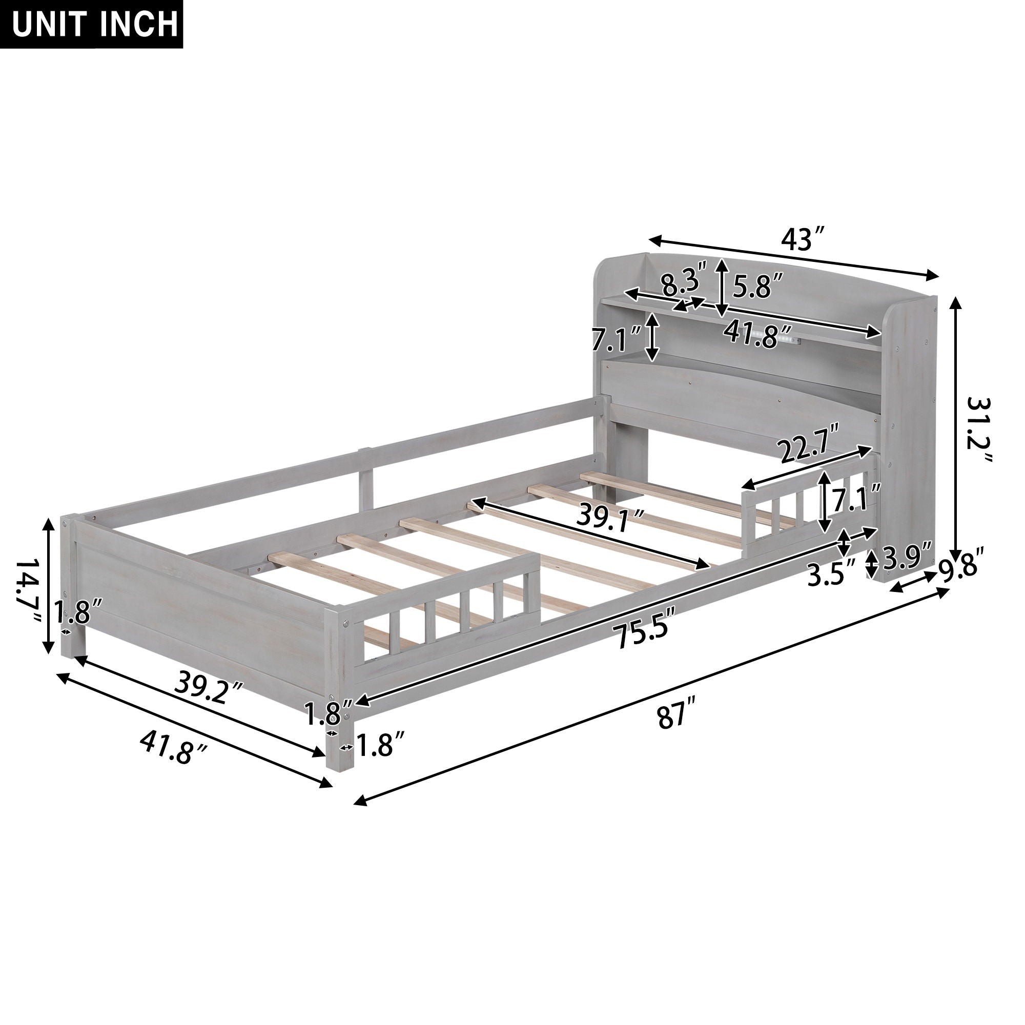 Wood Platform Bed With Built In LED Light, Storage Headboard And Guardrail by Unique Piece Furniture