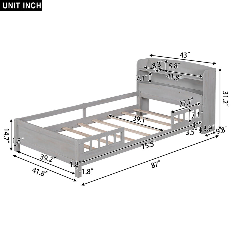 Wood Platform Bed With Built In LED Light, Storage Headboard And Guardrail by Unique Piece Furniture