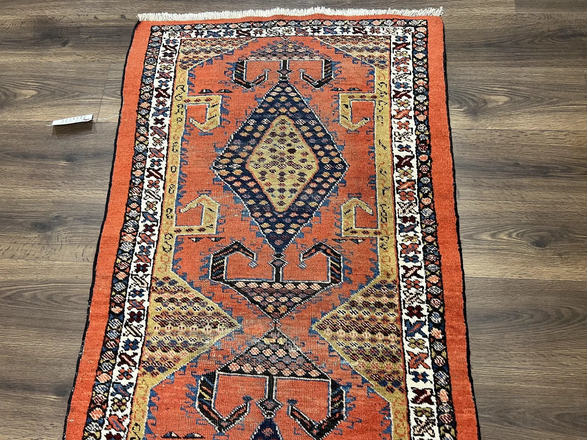 Rare Persian Tribal Runner Rug 3 x 11, Sarab Serab Persian Runner, Antique 1920s Collectible Geometric Medallions Oriental Wool Runner, Hand Knotted, Bright Orange-Red by Jewel Rugs