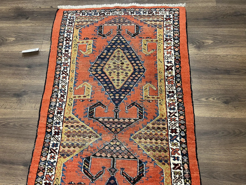 Rare Persian Tribal Runner Rug 3 x 11, Sarab Serab Persian Runner, Antique 1920s Collectible Geometric Medallions Oriental Wool Runner, Hand Knotted, Bright Orange-Red by Jewel Rugs