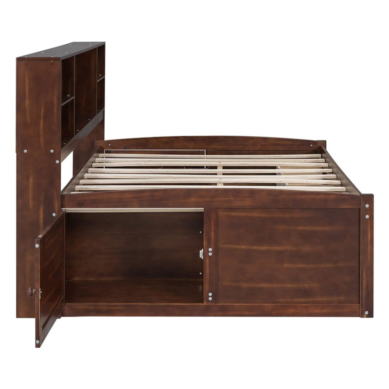 Full Size Captain Bed With Built In Storage Shelves, 4 Drawers And 2 Cabinets - Antique Brown by HouseOfZazla