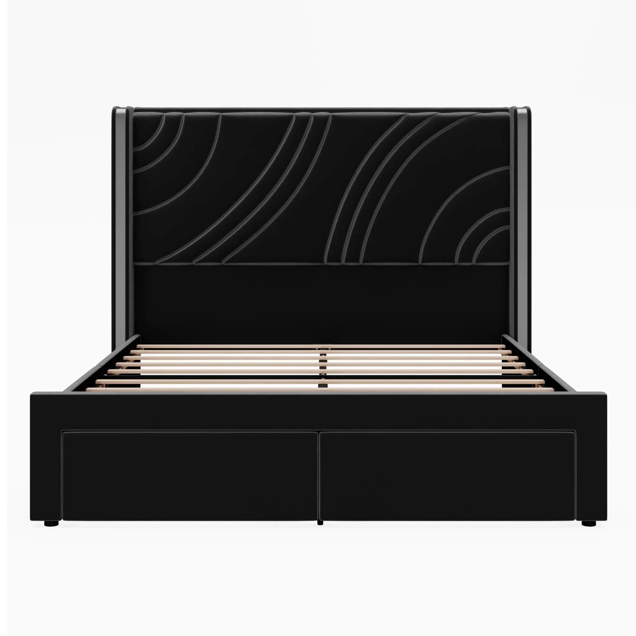 Modern Upholstered LED Bed Frame With Storage Drawers, Wingback Headboard, RGB Light