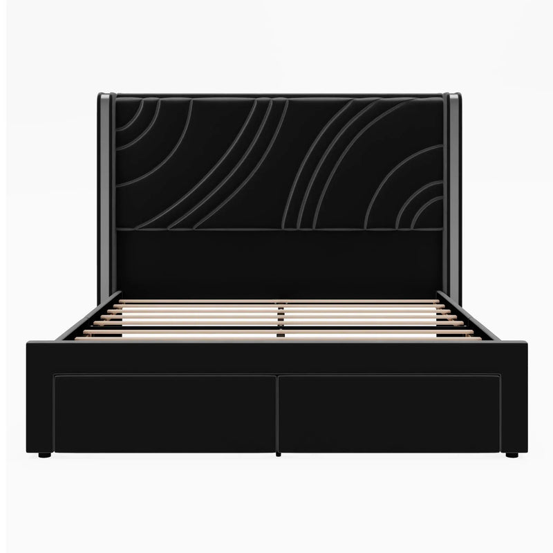Modern Upholstered LED Bed Frame With Storage Drawers, Wingback Headboard, RGB Light