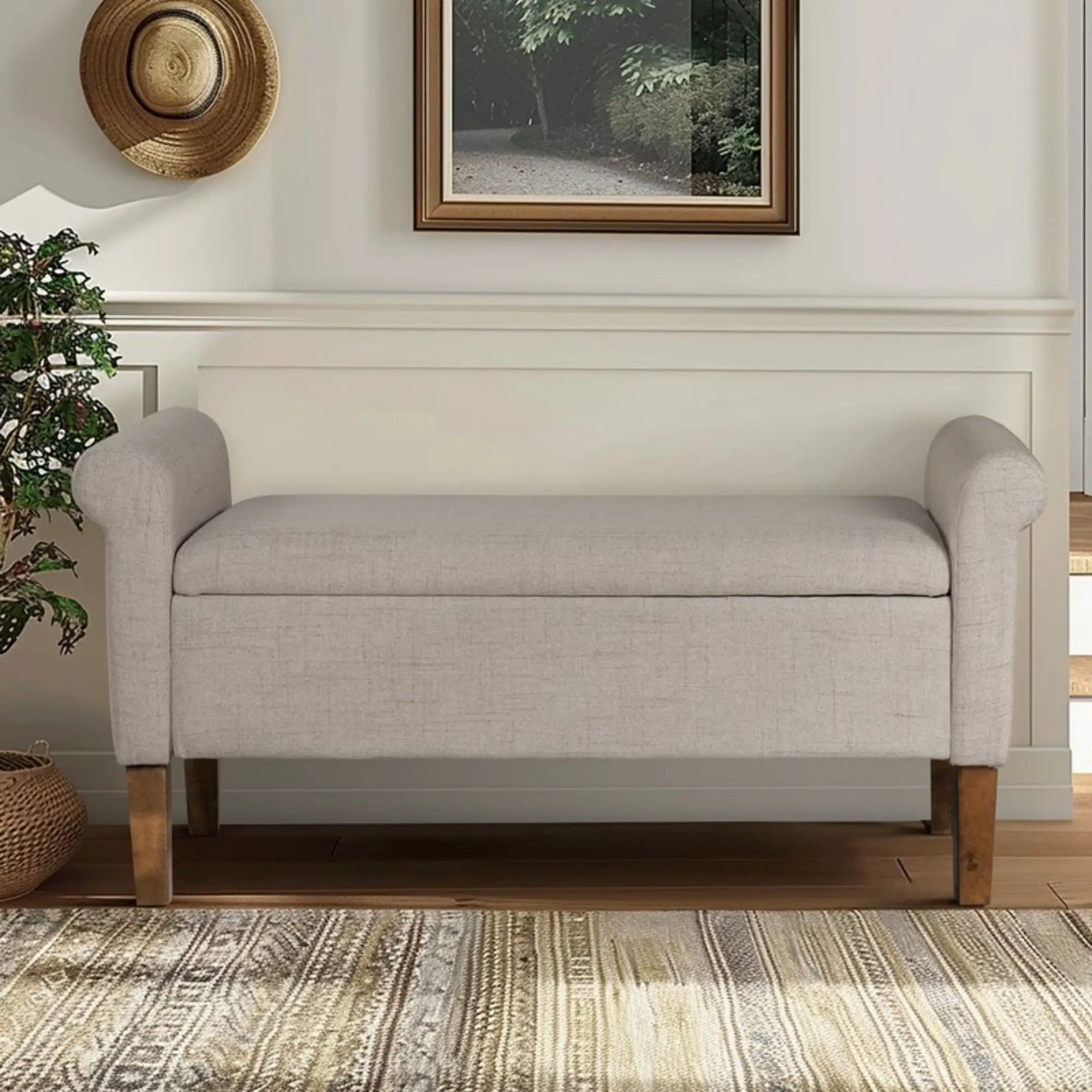 Upholstered Storage Bench With Rolled Armrests - Beige by HouseOfZazla