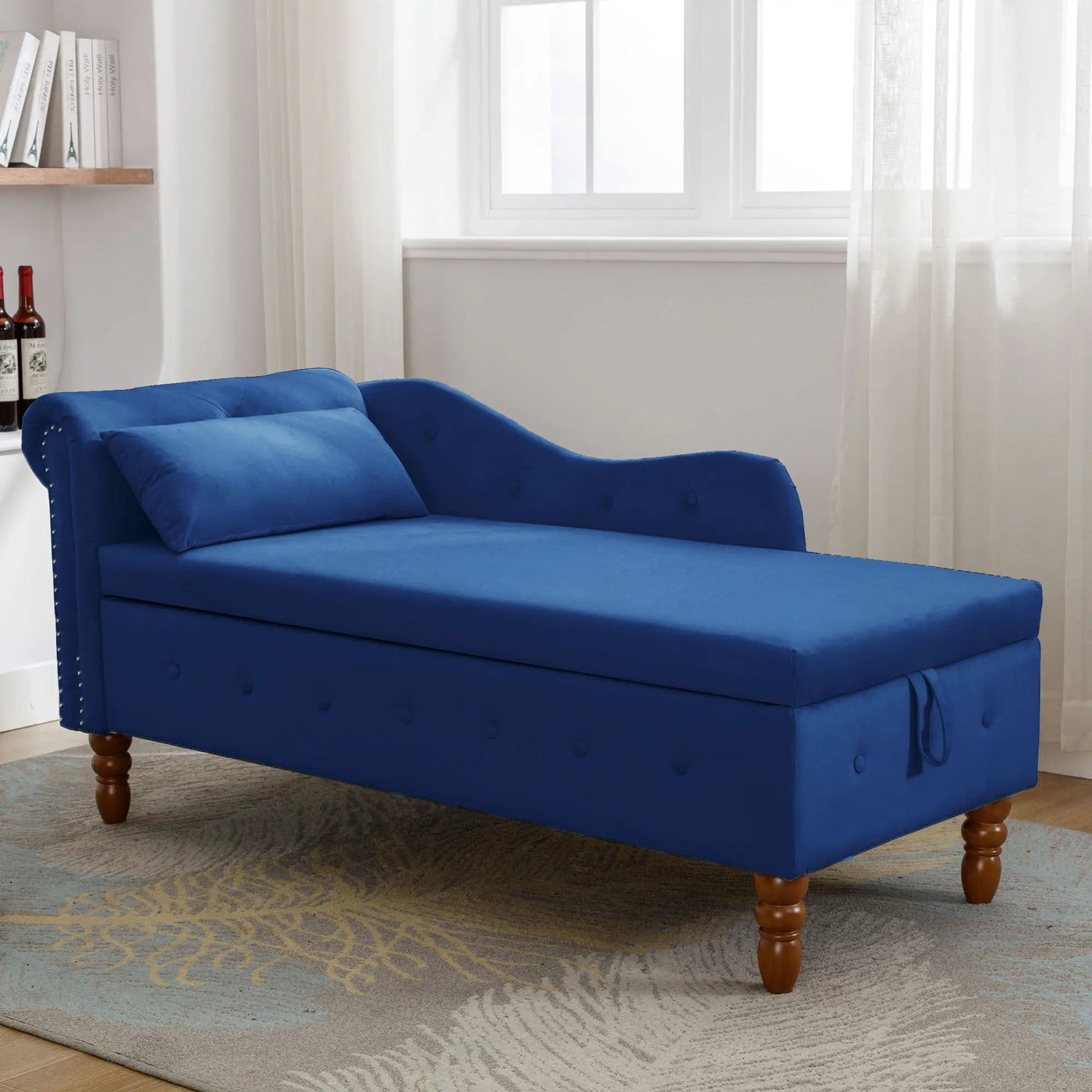 Chaise Lounge Indoor, Lounge Chair For Bedroom With Storage & Pillow, Modern Upholstered Rolled Arm Chase Lounge For Sleeping With Nailhead Trim For Living Room Bedroom Office by Unique Piece Furniture