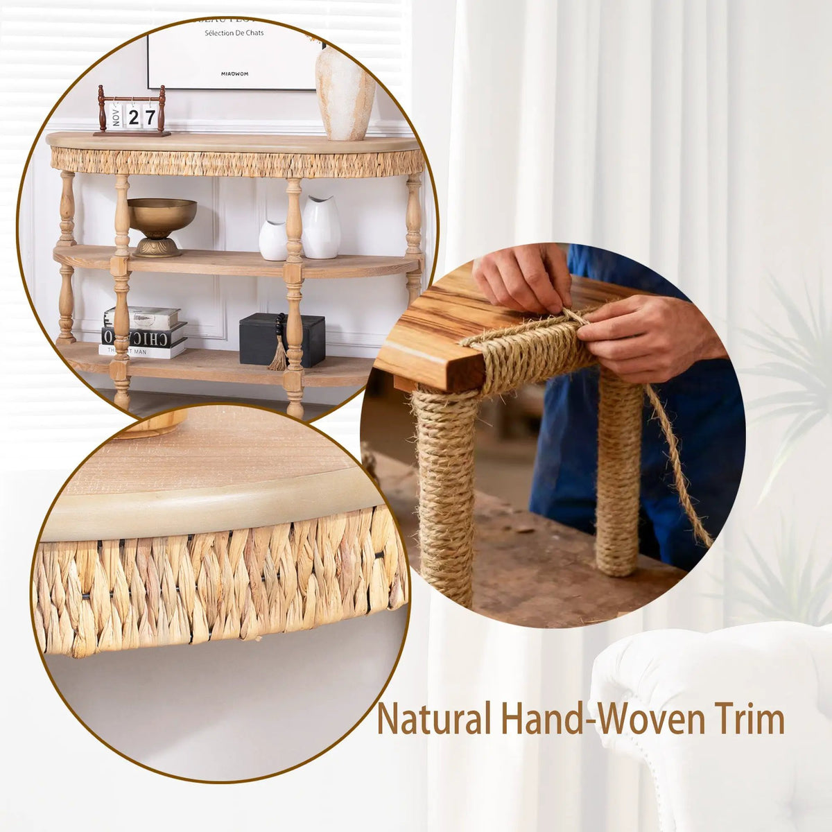 Handcrafted Wood Console Table with Hand-Woven Trim by HouseOfZazla